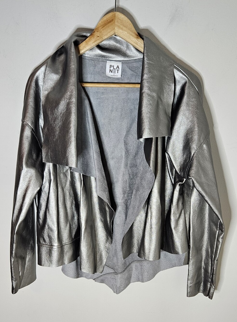 Planet By Lauren G Vegan Leather Cropped Asymmetrical Jacket Silver OS